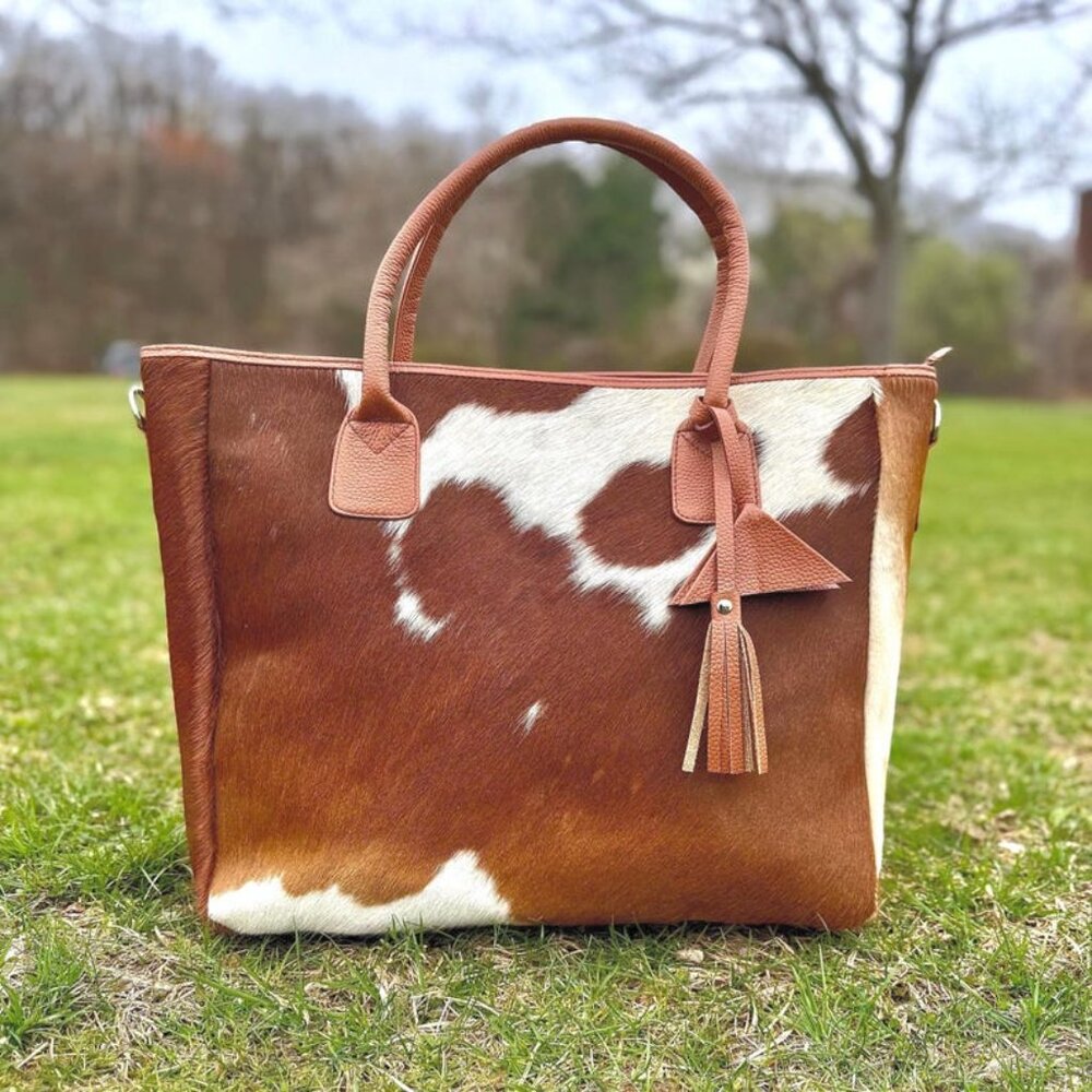 Genuine Cowhide Leather Tote Bag | Natural Hair on Brown and White Bag